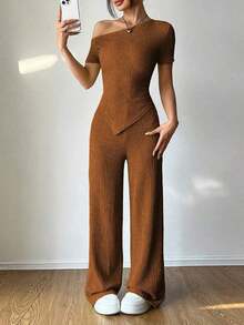 Set de 2 piezas: Camiseta con hombro asimétrico + Pantalones de pierna ancha y cintura baja, Ropa de estar en casa casual - Marrón - Ver 6