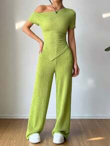 Set de 2 piezas: Camiseta con hombro asimétrico + Pantalones de pierna ancha y cintura baja, Ropa de estar en casa casual - Verde - Ver 5