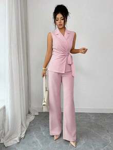 Conjunto elegante y romántico de blazer y corbata de moño para vacaciones y oficina para mujeres - Rosa - Ver 6