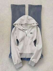 Sudadera con capucha ajustada y versátil con bordado para mujer - Gris Claro - Ver 1