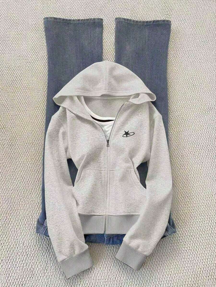 Sudadera con capucha ajustada y versátil con bordado para mujer - Gris Claro - Ver 1