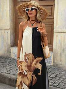 Vestido con estampado, corte con abertura alta, espalda descubierta, atar al cuello y flecos para mujer, vacaciones - Multicolor 6 - Ver 6