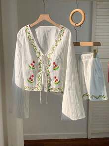 Conjunto de blusa con amarre al frente y shorts con estampado de anacardo para mujer, en estilo bohemio - Blanco - Ver 4
