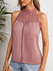 Clasi Blusa con panel de encaje guipur, diseño de escote con abertura en la espalda, sin mangas - Rosa vieja - Ver 4
