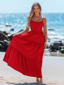 Vestido casual sin mangas con lazo para primavera y verano, atuendos de verano para mujer, vestidos de verano para mujer, atuendos de vacaciones, vestido de playa de verano para mujer, vestido de vacaciones estilo boho y fairycore, vestido sin esp - Rojo - Ver 3