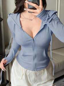 Sudadera con cremallera para el Día de San Valentín, camiseta ajustada de manga larga para mujer - Azul - Ver 1