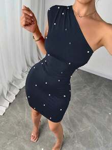 Vestido corto de mujer con decoración de perlas falsas, unicolor y hombro asimétrico - Azul marino - Ver 7
