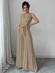 Mono elegante de mujer con diseño de doble botonadura y plisado en color albaricoque, para primavera y otoño - Caqui - Ver 3