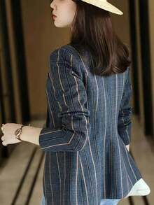 Blazer casual ajustado con rayas verticales para mujer, primavera - Azul - Ver 3