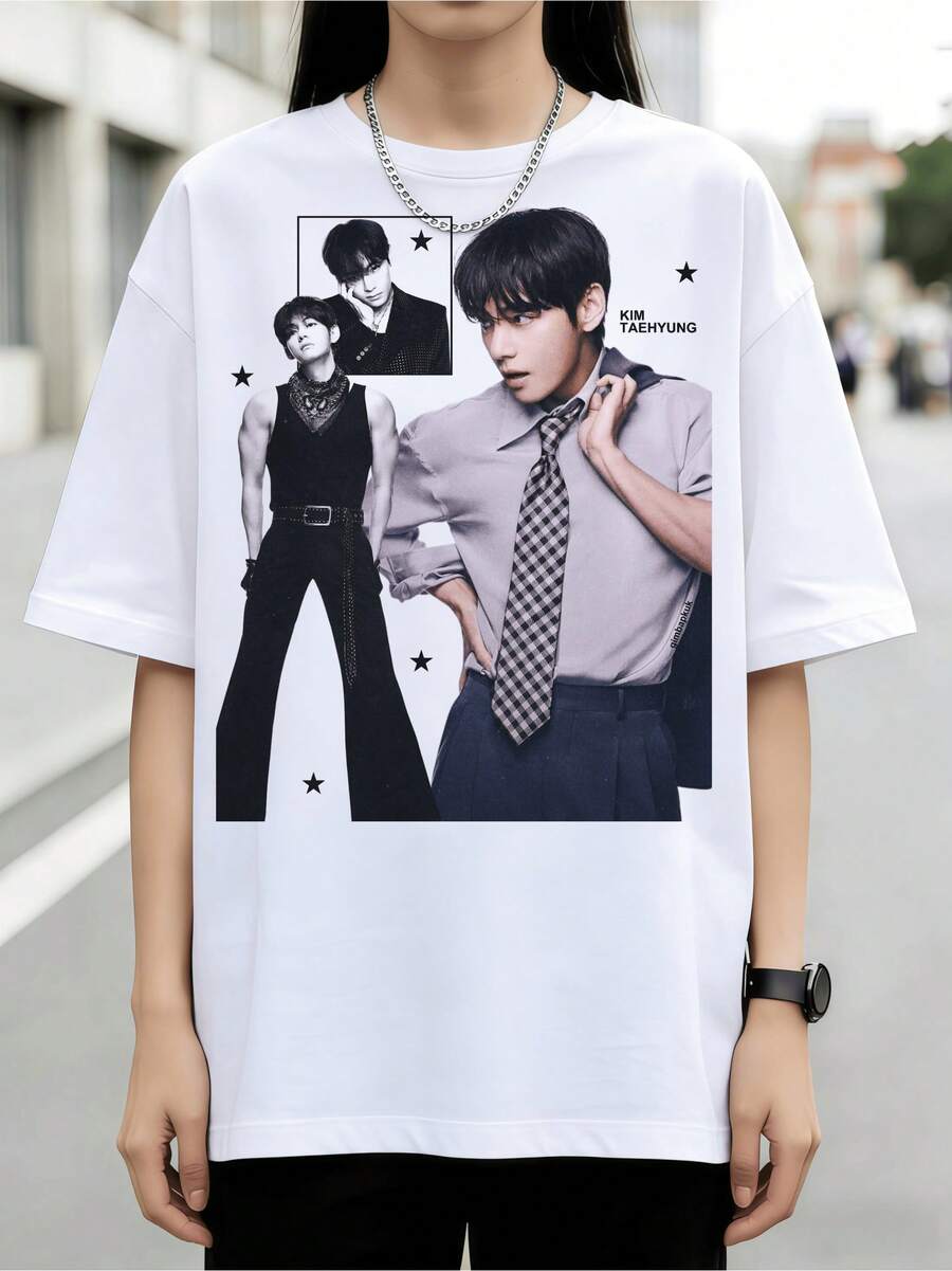 Kim Taehyung Retro Multi-Photo Collage Style Graphic Cotton Summer T-Shirt - White - View 1