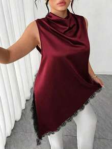 Blusa sin mangas con dobladillo de encaje para mujer de talla grande, elegante blusa larga de estilo vintage, versátil para el trabajo, graduación, vacaciones, San Valentín, festivales de música, Día de la Madre, Halloween, Acción de Gracias, Pascua, Día Nacional, bailes, citas, bodas, salidas, etc. - Burdeos - Ver 4