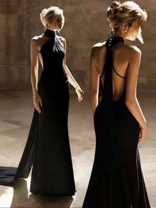 Nuevo elegante vestido largo de satén de unicolor para mujer con cuello halter, botones, cintura alta, espalda descubierta y cintura ceñida, adecuado para bodas, galas, citas y otras ocasiones, color negro primaveral - Negro - Ver 1
