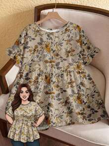 Camisa con estampado todo sobre y mangas con volantes, estilo casual de resort, tallas grandes.Atuendos de verano para mujer/Verano, ropa de mujer para vacaciones tropicales - Blanco - Ver 9