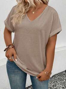 Selamara Camiseta casual versátil de talla grande con diseño de encaje y parches, nueva llegada para primavera/verano para mujeres - Caqui - Ver 4