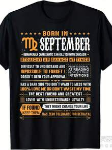 Virgo Born In September T-Shirt - Fun Astrology Birthday Gift, Suitable For Men And Women, Featuring A Virgo Personality Trait Chart Design, Unisex 220g Heavy Cotton T-Shirt, With The Virgo Symbol And Birth Month (September 1-30). - 黑色 - 查看 6