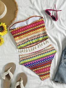 2 piezas Conjunto de bikini con camiseta de mujer, tela con textura a rayas de colores, decoración con flecos bohemios, estilo de resort de playa, adecuado para piscina y playa - Multicolor 2 - Ver 5