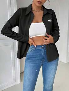 Blusa blanca casual con cuello y bolsillo, de manga larga ajustada para mujeres - Negro 2 - Ver 5