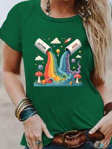 Bright And Colorful Print T-Shirt For Autism And ADHD, Short Sleeve, Round Neck, Women's Spring/Summer Casual Clothing, 100% Cotton - Green - View 7