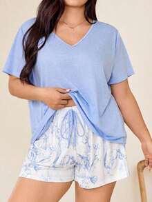 Miss Vinta Women's Plus Size 2-Piece Pajama Set With Short-Sleeve V-Neck Top And Floral Print Shorts. Comfortable Summer Pajama Set For Women With Shorts And Top, Summer Loungewear - 彩色 - 查看 12