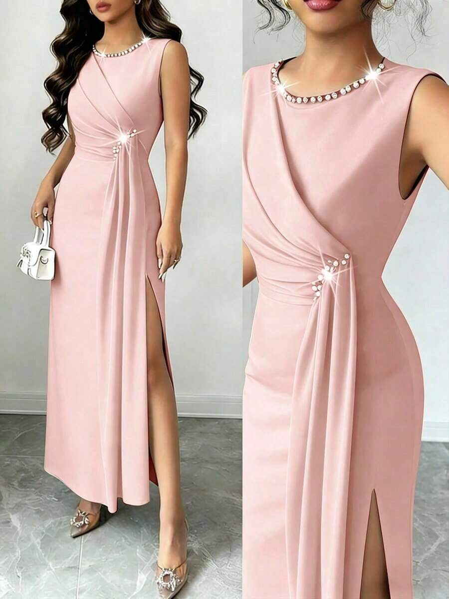 YHHRafferiza Vestido elegante de fiesta con cuentas sin mangas para mujer, vestido de noche largo de verano para eventos formalesYHH - Rosa - Ver 1
