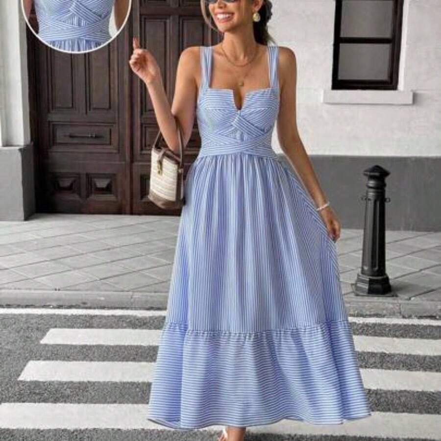 Vestido de mujer con cuello en V a rayas y cruzado - Azul - Ver 1