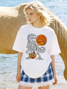 Camiseta de manga corta de cuello redondo suave y casual para mujer, Halloween Jack-O'-Lantern, Tyrannosaurus Rex, Dulces navideños, Truco o , Vacaciones Occidentales, Calle, Hogar, Camiseta de esqueleto de Halloween con cubo de dulces de calabaza. - Blanco - Ver 2