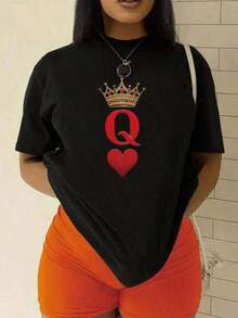 1 Piece New Summer Casual Fashion 2026, Local Shipping, Graphic Tees, Women's Casual T-Shirt With Poker Queen Print, Spring And Summer For New Year's Clothing, Graphic Tees, Women's Tops, 100% Cotton, 180g 100% Cotton - Black 1 - 查看 11