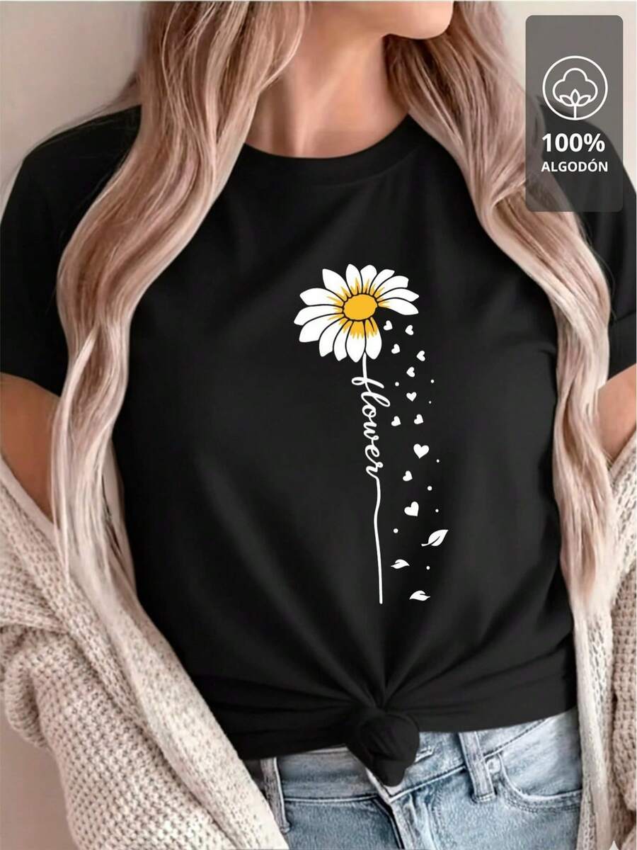 Camiseta 100% con Diseño de Flor de Margarita y Letras - Negro - Ver 1