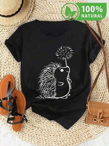 100% Cotton. Fashionable Women's T-Shirt With A Charming Hedgehog Design In Black, Ideal For Summer And Sunny Days. Casual Style, Comfortable And Modern. Perfect Gift For Girls Who Love Nature And Animals. Dare To Look Unique With This Garment Made Of High-Quality Cotton. - 黑色 - 查看 8