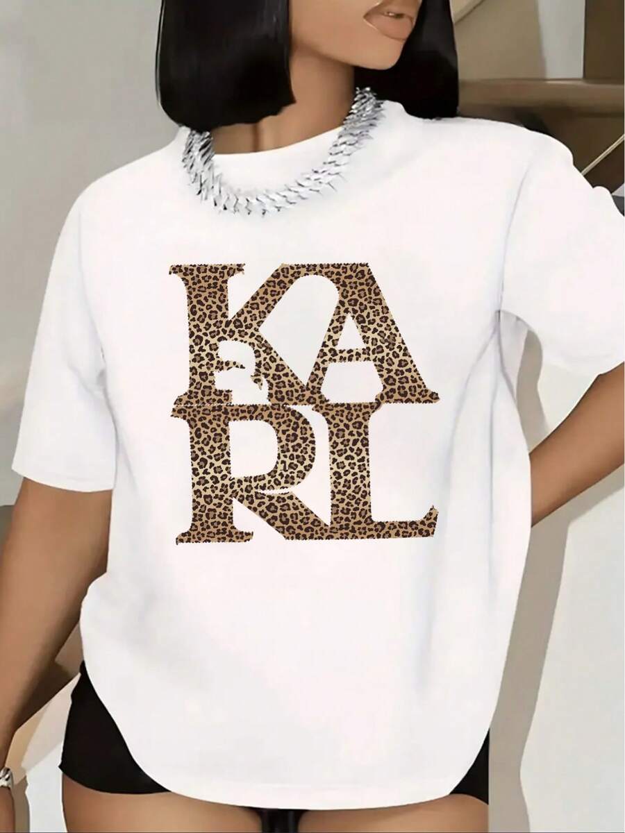 Camiseta casual de manga corta para mujer, de tela negra con diseño de estampado de leopardo, cómoda y duradera, adecuada para uso diario en casa, ligera y elegante. - Blanco - Ver 1