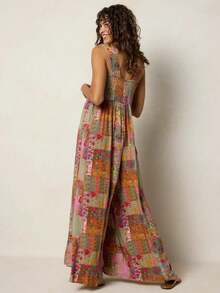 New Women's Bohemian Style One-Piece Jumpsuit With Suspenders, Retro Patch, Wide Leg And Elastic, Casual - 橘紅色 - 查看 2