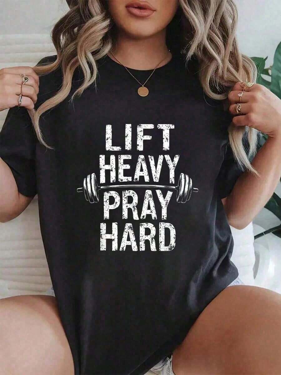 1 Piece, 100% Cotton, Women's Short Sleeve Graphic T-Shirt With Jesus Lifting Weights Print, For Gym, Weightlifting, Deadlift, Casual Style, Summer T-Shirt For Women, 180g, 100% Cotton. - 黑色 - 查看 1