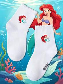 Disney 1/5双装迪士尼公主/迪士尼袜子，女童白色蕾丝边短袜，饰有可爱卡通公主/美人鱼图案，透气舒适柔软，适合假期、郊游、学校活动和返校季穿着。 - 彩色 - 查看 2