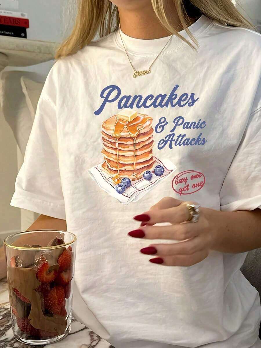 Women's 100% Cotton T-Shirt 2026 - Retro Casual Short Sleeve T-Shirt For Women - Soft Fabric, Round Neck, "Pancakes & Panic Attacks" Graphic Print, Lightweight And Comfortable For Spring/Summer, Casual Wear | Fun Design T-Shirt | Soft Fabric Women's T-Shirts - Summer Clothes For Women - Summer Blouses Suitable For Spring, Summer And Autumn - 白色 - 查看 1