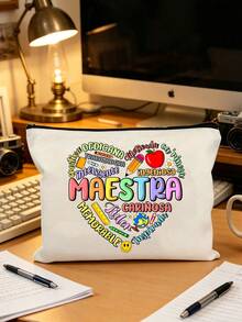 Maestra Theme Makeup Bag Set, Spanish Teacher's Day Gift Makeup Bag, "Gracias Maestra" Floral Heart Print Canvas Zipper Bag, Maestra Letter Pattern Makeup Bag, Floral Print Zipper Women's Makeup Bag, Gift For Her, Suitable For Women's Cosmetic Storage, College Dorm Cosmetic Storage, Women's Travel, Gift Bag, Teacher's Day Gift Bag - Multicolor - View 17