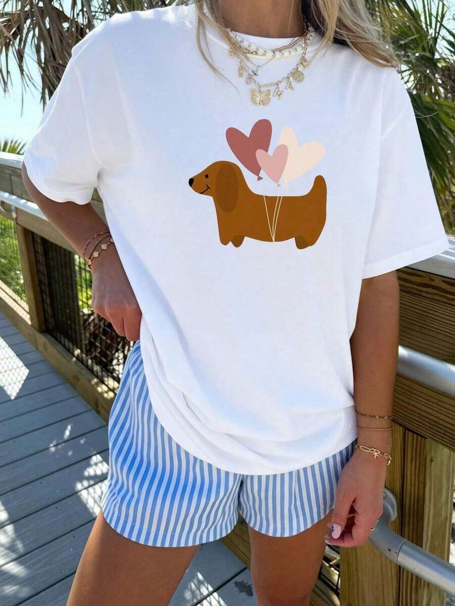 Diseño simple y versátil. Camiseta de manga corta estampada para mujer, estilo veraniego, corte regular, pieza única. Camiseta de algodón puro - Blanco - Ver 1