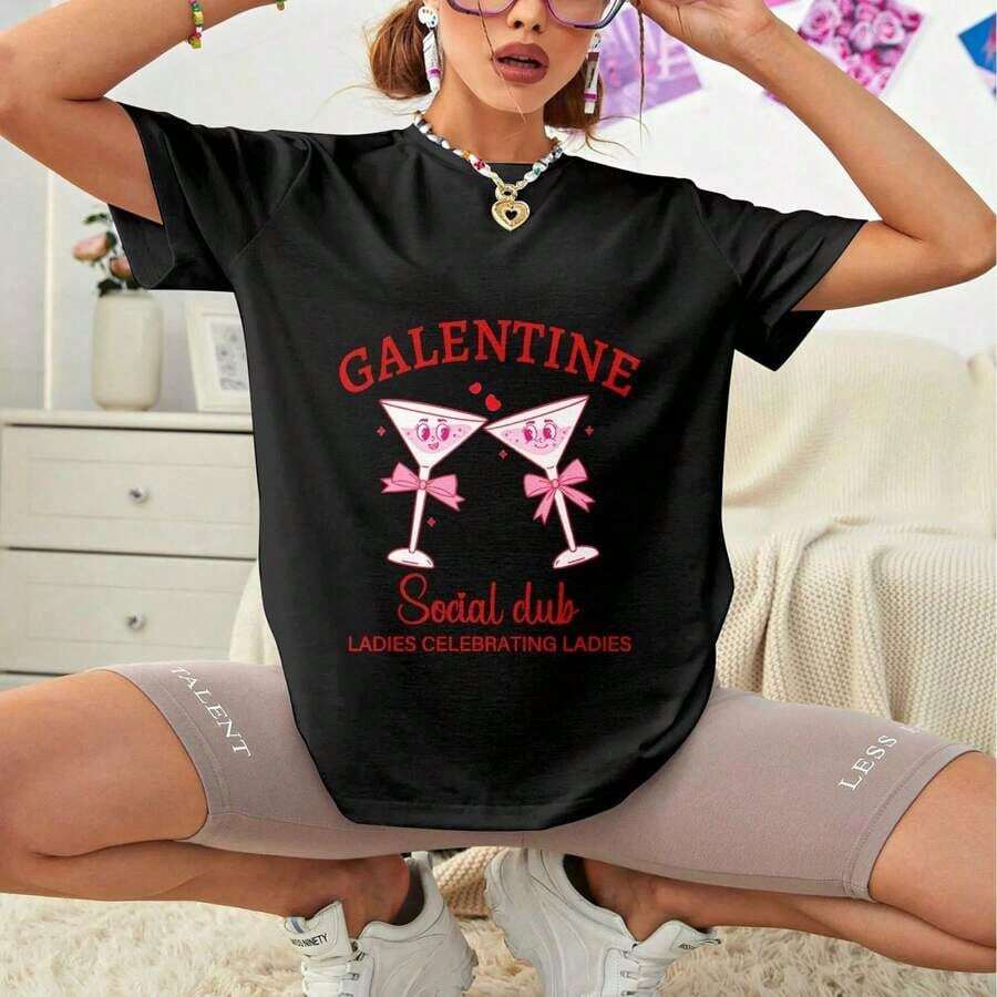 Galentine Social Club T-Shirt, Valentine's Day Text T-Shirt, Crew Neck, 100% Cotton, Boho Clothing For Women, Women's T-Shirt - 黑色 - 查看 1