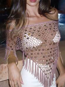 Summer Beach Cover-Up, Casual Holiday Solid Color Sequin Loose Hollow Shoulder Tassel Top, Suitable For Beach Party, Music Festival - Mauve Purple - View 4