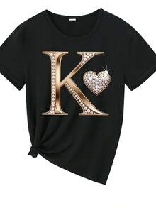 Camiseta de manga corta con la letra K en relieve dorado y estampado de pedrería en forma de corazón, casual y cómoda, adecuada para correr y practicar deportes. Moderna, elegante, única y divertida, cómoda, suave y transpirable. Ideal para deportes al aire libre y ocio. Adecuada para fiestas elegantes, unisex, para parejas o como regalo para amigos. 2XEQ - Negro - Ver 2