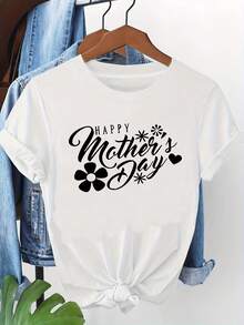 Camiseta holgada de talla grande estilo curvado, con temática del Día de la Madre, estampado floral de corazones "Feliz Día de la Madre", camiseta blanca de manga corta con cuello redondo - lavable a máquina, adecuada para primavera, verano y otoño, estilo casual, ajuste cómodo, diseño moderno, versátil para uso diario, tela suave, estilo a la moda, ajuste elástico y relajado. - Blanco - Ver 7