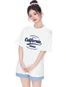 1 Piece Of Cotton English Print Mid-Length Short Sleeve T-Shirt, White, Women's Top, Elegant Graphic Print, 180g, 100% Cotton. - 白色 - 查看 4