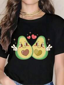 Camiseta Divertida de Pareja de Aguacates con Corazones y Símbolos de Paz para Mujer, Camiseta con Gráficos de Frutas para el Día de San Valentín y Uso Diario - Negro - Ver 6