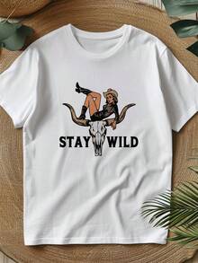 Camiseta de mujer 100% algodón estilo western, con diseño de chica vaquera y calavera de toro con la frase "Stay Wild", adecuada para usar en la playa en verano, un regalo para mujeres. Camiseta de mujer de color sólido simple, corte holgado y ajustado, manga corta informal. - Blanco - Ver 4