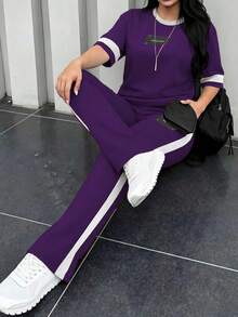 女款新款圓領短袖T恤與鬆緊腰寬鬆長褲兩件套，休閒日常穿著，春夏秋優雅風 - 紫色66+白 - 查看 8