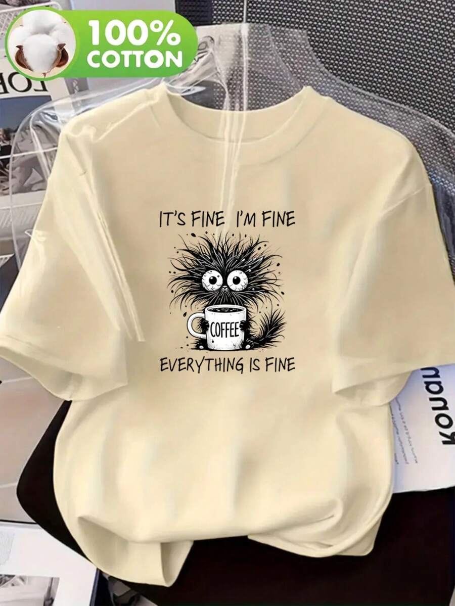 100% High-Quality Women's Summer Plus Size "I'm Fine" Slogan Cat Print Round Neck Short Sleeve Elegant Casual Home Top T-Shirt Y2K Style Sportswear, Round Neck, 100% Cotton, Soft Fabric, Short Sleeve. - 杏色 - 查看 1