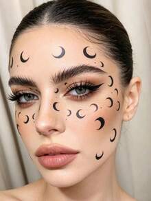 1pc Cool Black Moon Face Sticker, Self-Adhesive Waterproof Long-Lasting, Party Subculture Makeup Decor Sticker, Dark Gothic Crescent Moon Face Decoration Sticker, Suitable For Gothic Halloween Makeup - Multicolor - View 3