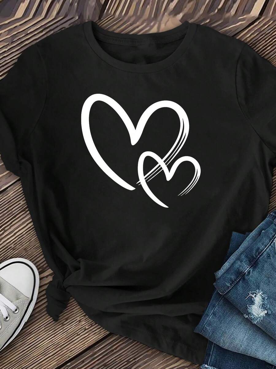 Heart-Shaped T-Shirt, Valentine's Day Gift, Cute Valentine's Day Design, Self-Affirmation T-Shirt, Gift For Girlfriend. - 黑色 - 查看 1