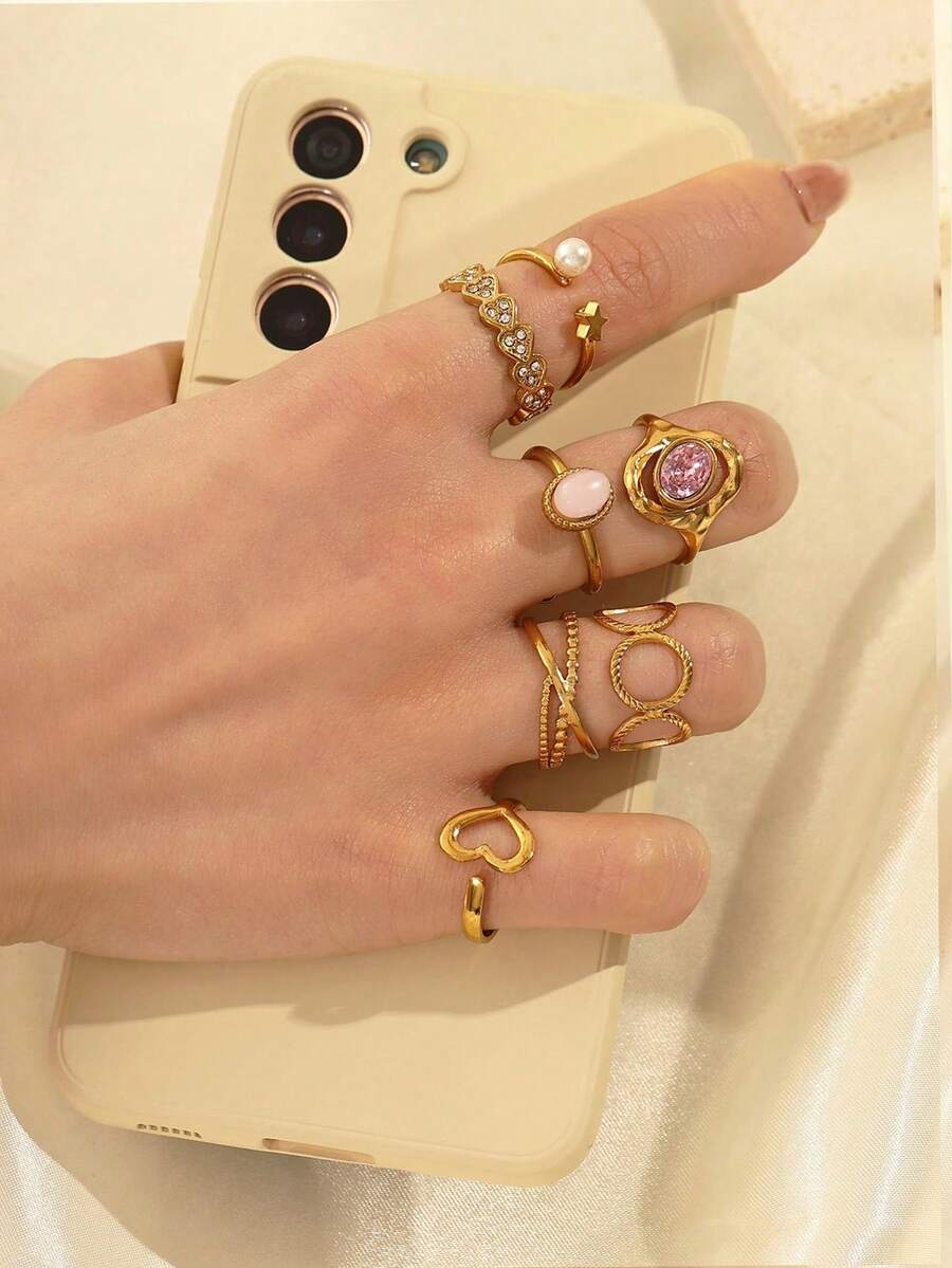 7pcs Stainless Steel Gold-Tone Rings Set With Pink Zirconia, Hollow Circle Design, Heart-Shaped Rhinestone Inlaid, High-Quality Fashion Rings, Suitable For Women Decoration Or Gifts - Yellow Gold - View 1