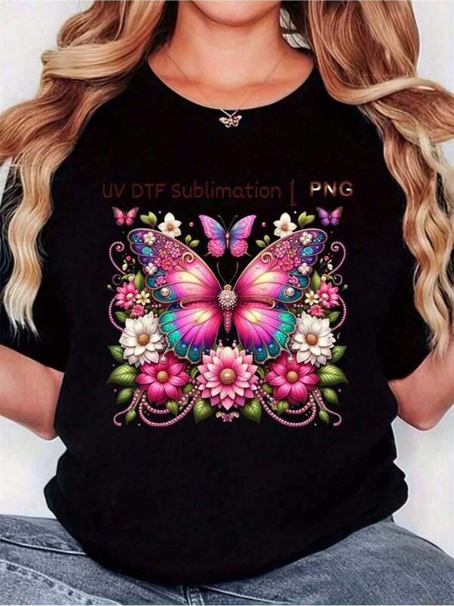 1 Piece Of Women's T-Shirt With Butterfly And Flower Print In Black - Lightweight 180 G/M² Blouse With Round Neck, Short Sleeve, Ideal For Spring, Summer And Autumn, Machine Washable, Perfect As A Gift For Valentine's Day, Easter Or Mother's Day. - 黑色 - 查看 1