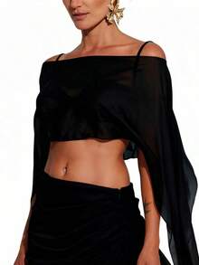 Women Sheer Mesh Long Shawl Cape Off Shoulder Poncho Tops See Through Beach Cover Up Blouses Dress Shawl Wraps - 黑色 - 查看 3